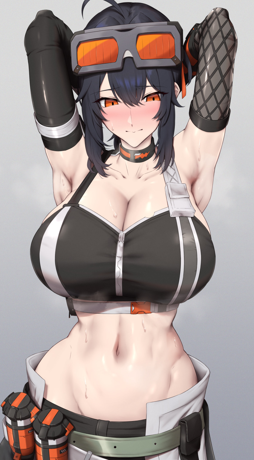 1girl, absurdres, ahoge, arm_warmers, armpits, arms_behind_head, arms_up, bare_shoulders