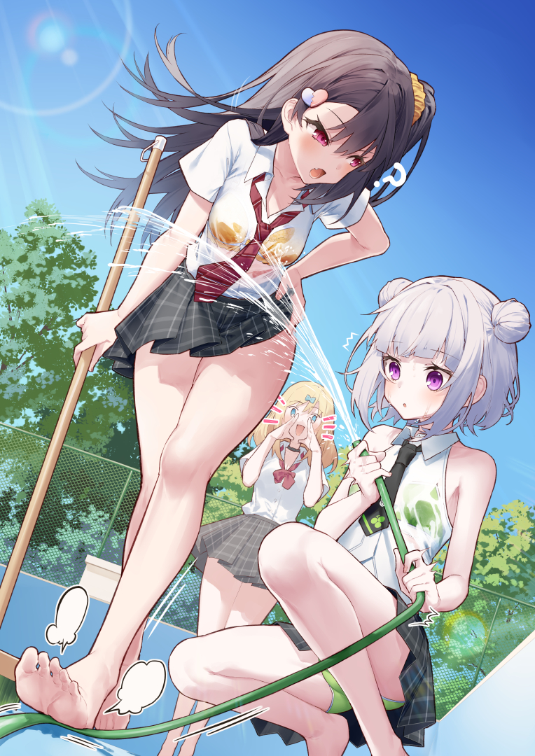 3girls, :d, :o, ?, ^^^, akizuki_kei, bare_arms, bare_shoulders, barefoot, black_necktie, blonde_hair, blue_bow, blue_eyes, blue_sky, bow, bra, breasts, broken_heart, broken_heart_hair_ornament, broom, chain-link_fence, commentary_request, day, double_bun, empty_pool, fang, fence, green_bra, green_panties, grey_hair, grey_skirt, hair_bow, hair_bun, hair_ornament, hand_to_own_mouth, heart, heart_hair_ornament, holding, holding_broom, holding_hose, hose, itou_chieri, lens_flare, multiple_girls, munakata_hinano, necktie, notice_lines, one_side_up, open_mouth, original, outdoors, panties, parted_lips, plaid_clothes, plaid_necktie, plaid_skirt, pleated_skirt, pool, purple_eyes, red_necktie, see-through_clothes, shirt, short_sleeves, skirt, sky, sleeveless, sleeveless_shirt, small_breasts, smile, squatting, standing, surprised, tokuno_yuika, tree, underwear, water, wet, wet_clothes, wet_shirt, white_shirt, yellow_bra
