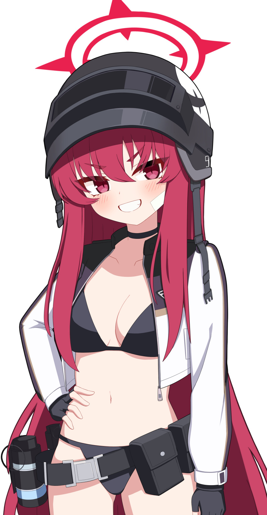 1girl, absurdres, bikini, bikini_under_clothes, black_bikini, black_gloves, black_helmet, blue_archive, blush, breasts, commentary_request, cowboy_shot, cropped_jacket, fingerless_gloves, gloves, gluteal_fold, grin, hair_between_eyes, halo, hand_on_own_hip, helmet, highres, jacket, looking_at_viewer, medium_breasts, navel, open_clothes, open_jacket, rabu_(blue_archive), rabu_(swimsuit)_(blue_archive), red_eyes, red_hair, simple_background, smile, solo, sprout_(haji_s), standing, swimsuit, v-shaped_eyebrows, white_background, white_jacket