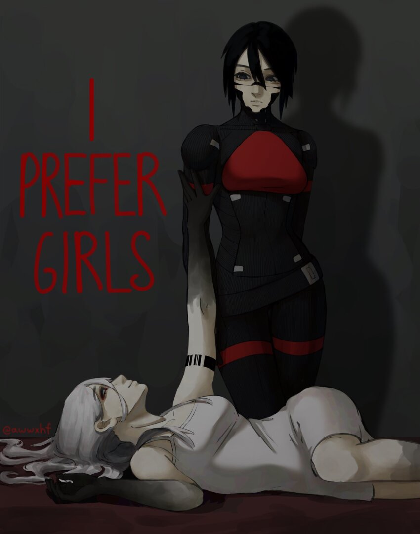 2girls, android, ariane_yeong, awwxhf, black_hair, blue_eyes, camisole, cyberpunk