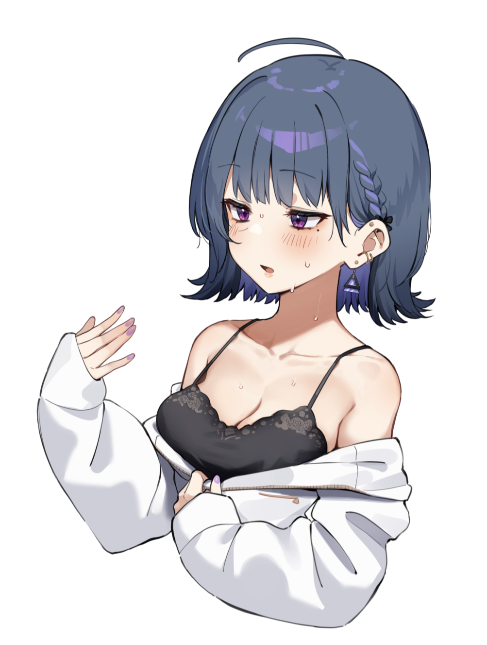 1girl, ahoge, blue_hair, blush, braid, breasts, cleavage, collarbone, fingernails, highres, jacket, koshimizu_toru, koshimizu_toru_(2nd_costume), long_sleeves, medium_breasts, mm_(mm_chair), mole, mole_under_eye, nail_polish, nijisanji, purple_nails, short_hair, simple_background, solo, sweat, virtual_youtuber, white_background, white_jacket