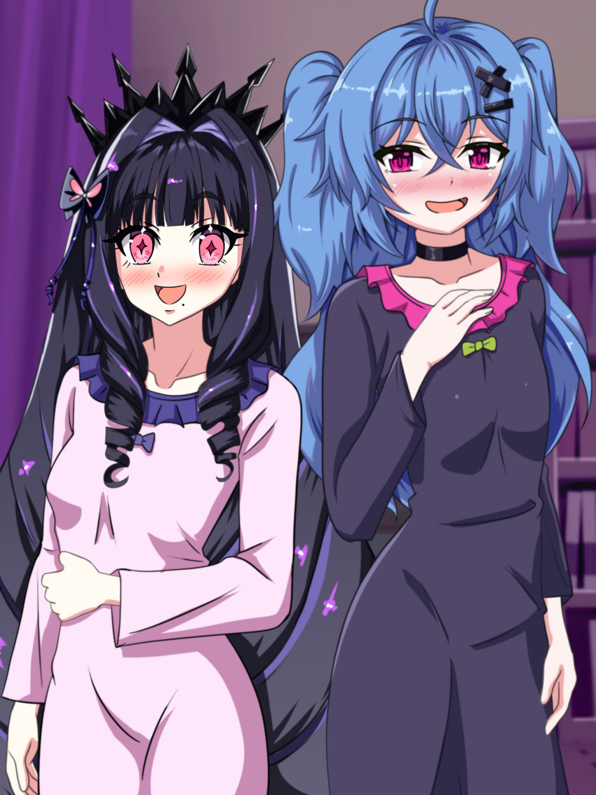 2girls, arisu_oshiro, blue_hair, blush, blush_stickers, bow, breasts, chiaki_katsumi