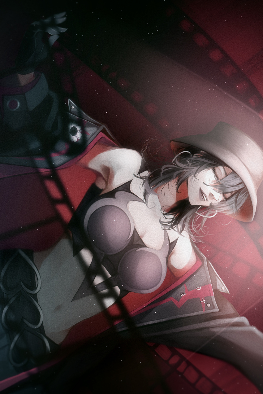 1girl, absurdres, bare_shoulders, black_gloves, black_hair, black_hat, black_jacket, black_tube_top