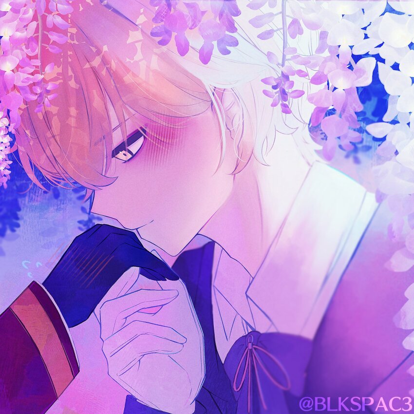 1boy, 1other, alternate_costume, black_gloves, blkspac3, blonde_hair, blush, collared_shirt