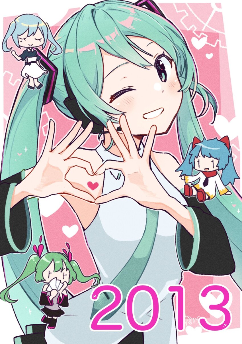 2013, 4girls, ;d, ai_no_uta_(vocaloid), aoiyui, aqua_eyes, aqua_hair, aqua_necktie