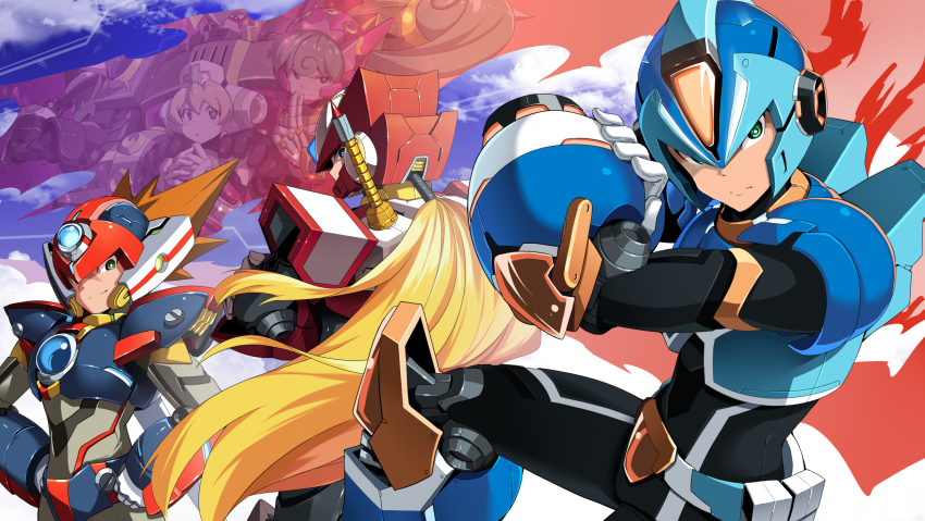 adapted_costume, android, arm_cannon, armor, axl_(mega_man), black_armor, black_helmet, blonde_hair