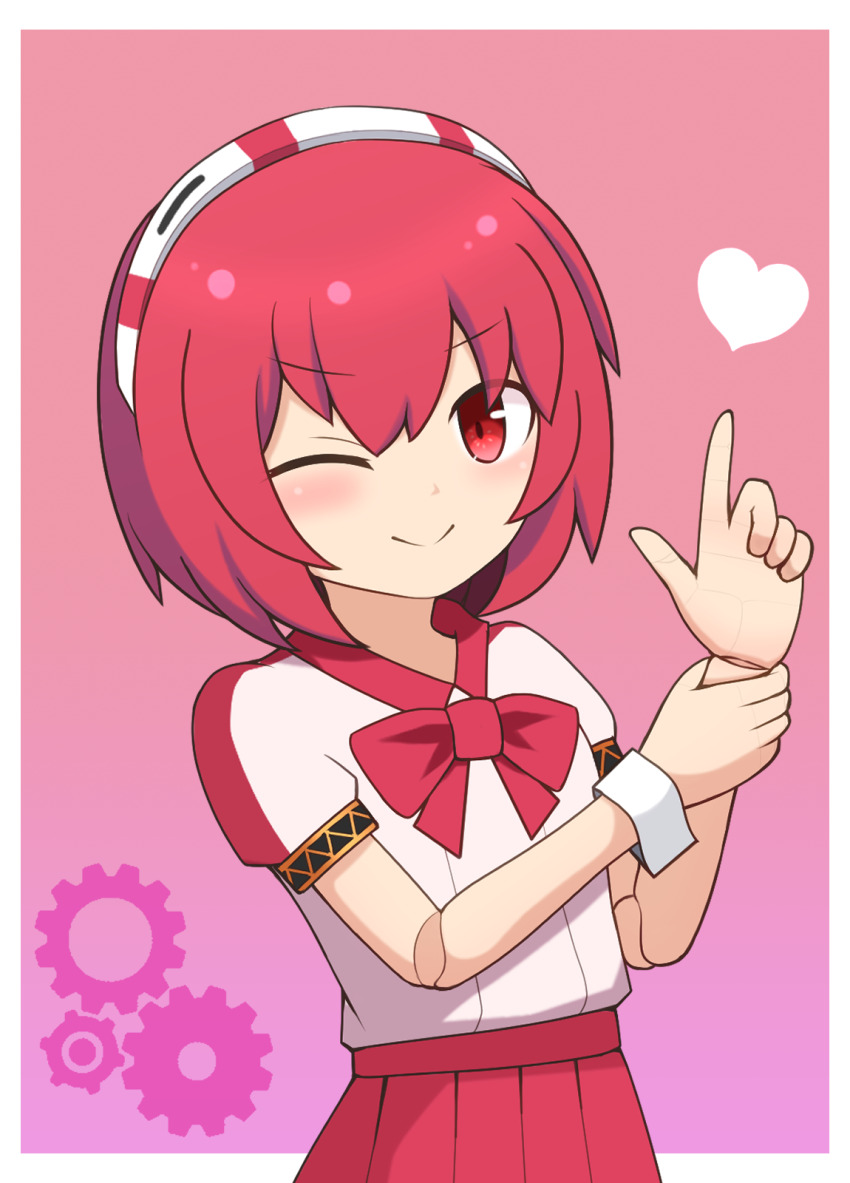 1girl, android, blush, border, bow, bowtie, closed_mouth, commentary