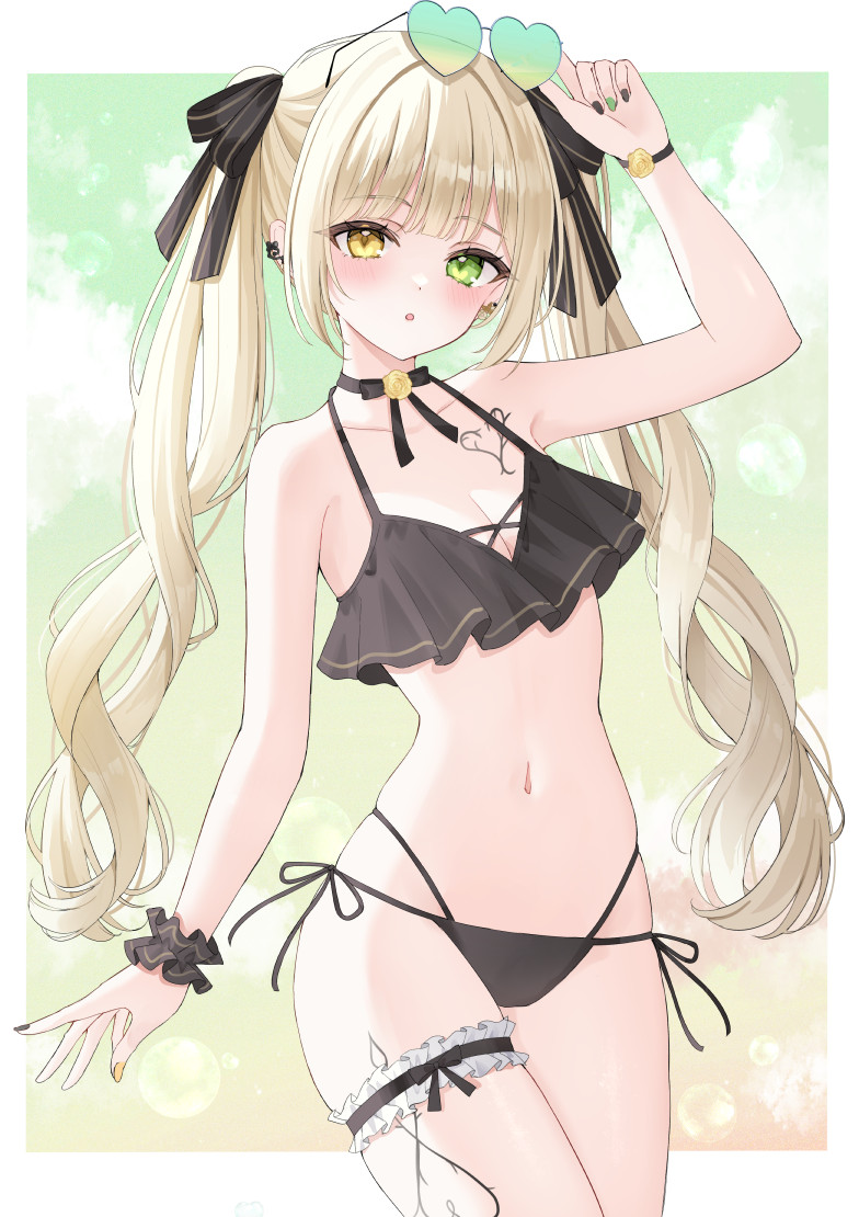 1girl, bikini, black_bikini, black_choker, blonde_hair, blush, breasts, choker