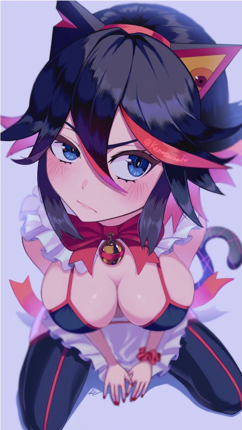 1girl, absurdres, animal_ears, bare_shoulders, bell, black_hair, black_thighhighs, blue_eyes, blush, bow, bowtie, breasts, cat_tail, fake_animal_ears, frills, from_above, highres, kenosousaku, kill_la_kill, large_breasts, matoi_ryuuko, multicolored_hair, neck_bell, red_bow, red_bowtie, red_hair, scrunchie, senketsu, shiny_skin, short_hair, solo, tail, thighhighs, two-tone_hair, wrist_scrunchie