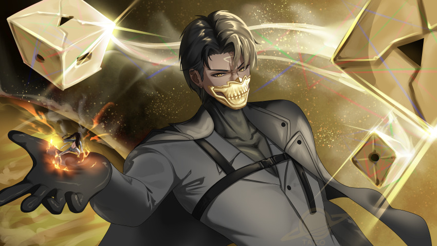 1boy, 1girl, absurdres, asymmetrical_bangs, black_bodysuit, black_coat, black_suit, bodysuit