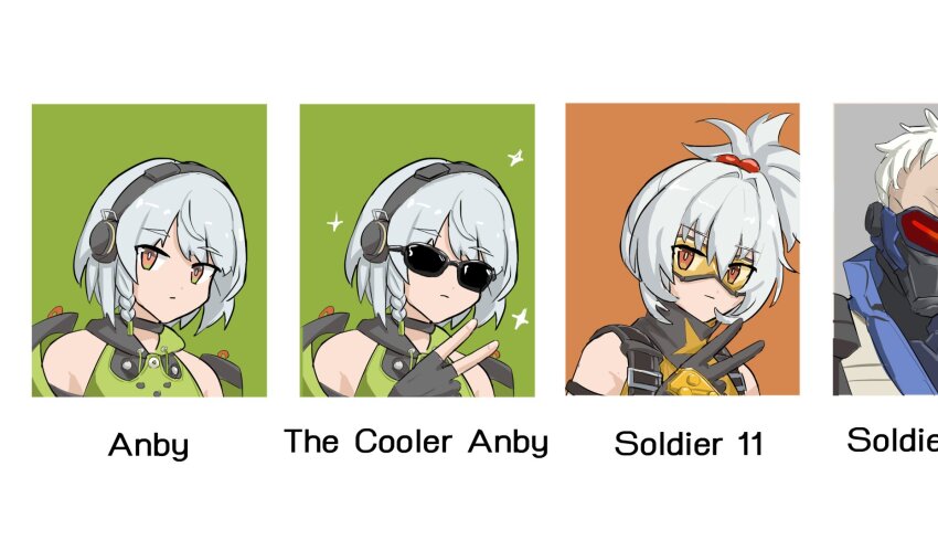 1boy, 2girls, anby_demara, bare_shoulders, character_name, fingerless_gloves, gloves, grey_gloves, grey_hair, hand_up, headphones, highres, looking_at_viewer, meme, multiple_girls, multiple_views, orange_eyes, overwatch, ponytail, short_hair, soldier:_76_(overwatch), soldier_11_(zenless_zone_zero), sunglasses, the_cooler_daniel_(meme), toyyot, v, zenless_zone_zero