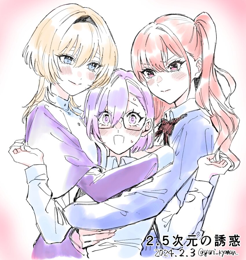 2.5_jigen_no_ririsa, 3girls, amano_ririsa, blonde_hair, blue_eyes, breasts, fanged_bangs, hair_between_eyes