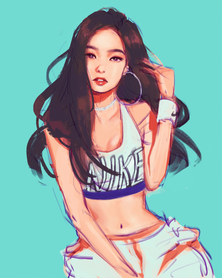 1girl, blackpink, blue_background, brown_hair, commentary, cowboy_shot, earrings, english_commentary, highres, hoop_earrings, jennie_(blackpink), jewelry, k-pop, long_hair, looking_at_viewer, moonmistix, navel, necklace, pants, parted_lips, real_life, red_lips, simple_background, solo, sports_bra, unfinished, white_pants, wristband
