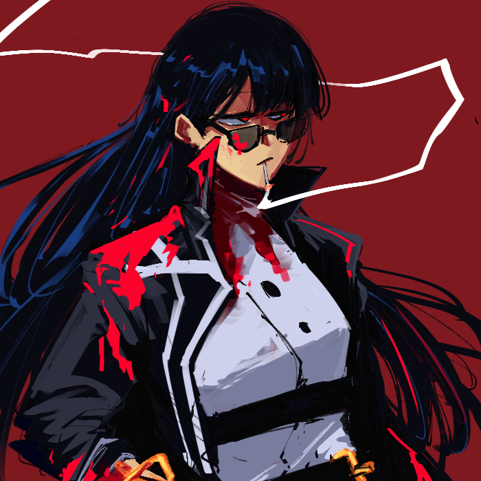 1girl, black_coat, black_hair, blood, blood_on_clothes, blood_on_face, cigarette, coat