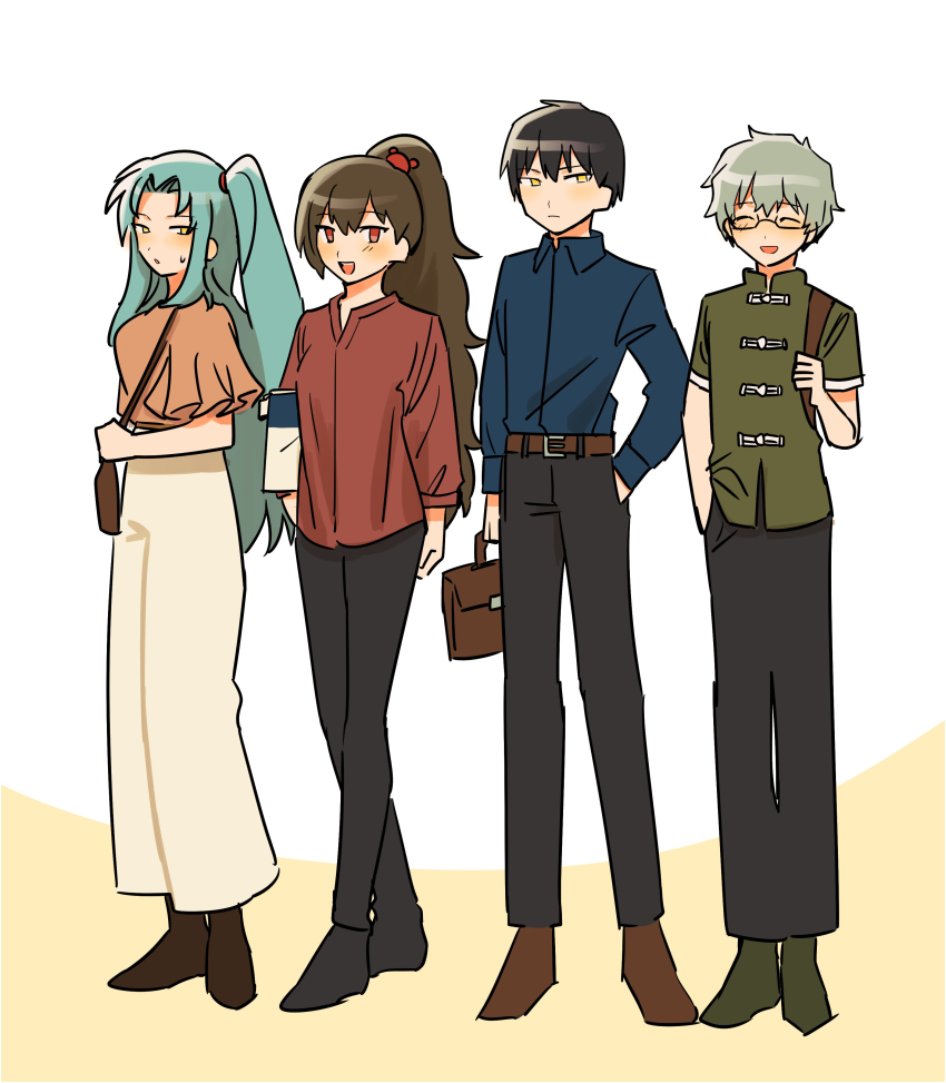 2boys, 2girls, absurdres, angela_(project_moon), ayin_(project_moon), bag, belt, benjamin_(project_moon)