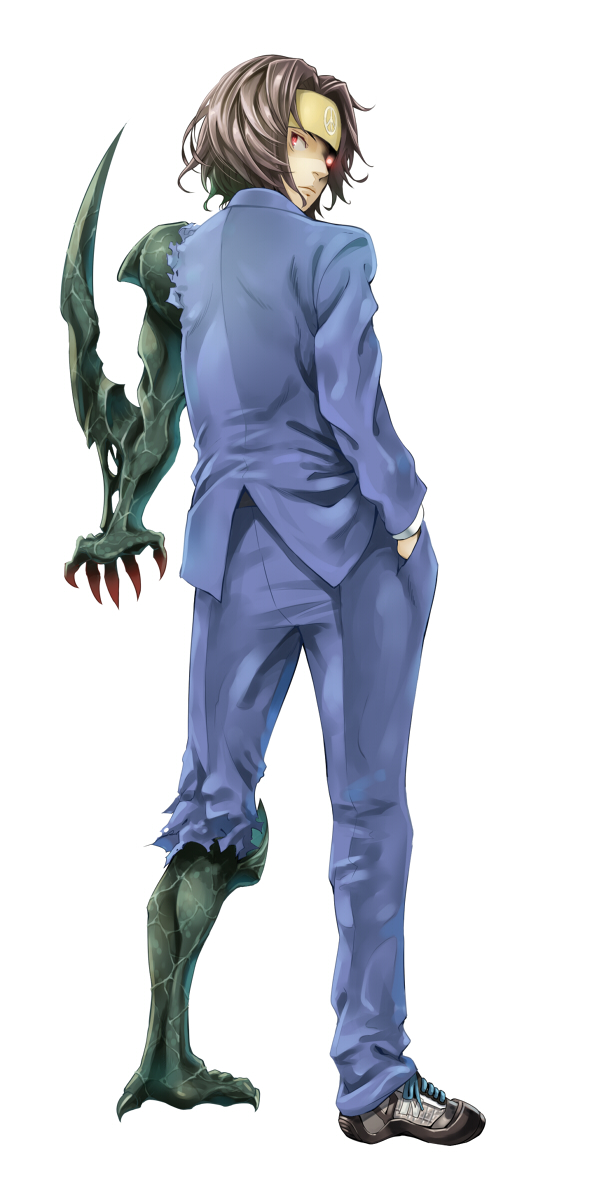1boy, alternate_costume, arm_blade, asymmetrical_arms, asymmetrical_legs, atlus, back, black_hair, black_shoes, blazer, blue_jacket, blue_pants, claws, colored_skin, demon_boy, from_behind, glowing, glowing_eyes, green_skin, hairband, hand_in_pocket, highres, jacket, kars_(jojo), looking_at_viewer, looking_back, male_focus, miyamoto_akira, pants, partially_shaded_face, red_eyes, ryouku, shin_megami_tensei, shin_megami_tensei:_if..., shoelaces, shoes, short_hair, shoulder_spikes, sneakers, solo, spikes, torn_clothes, torn_jacket, torn_pants, torn_sleeve, torn_sleeves, veins, veiny_arms, veiny_legs, weapon, yellow_hairband