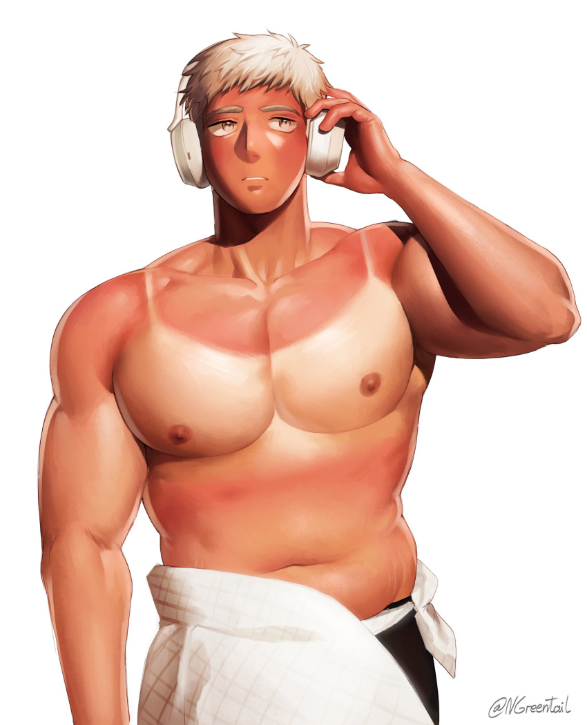 1boy, arm_up, bara, bare_shoulders, black_pants, blonde_hair, collarbone, dungeon_meshi, headphones, heat_stroke_photoshoot_(meme), highres, laios_touden, large_pectorals, looking_to_the_side, pectorals, male_focus, meme, muscular, muscular_male, nifast_(greentail), nipples, pants, parted_lips, simple_background, solo, tan, tanline, topless_male, white_background, yellow_eyes