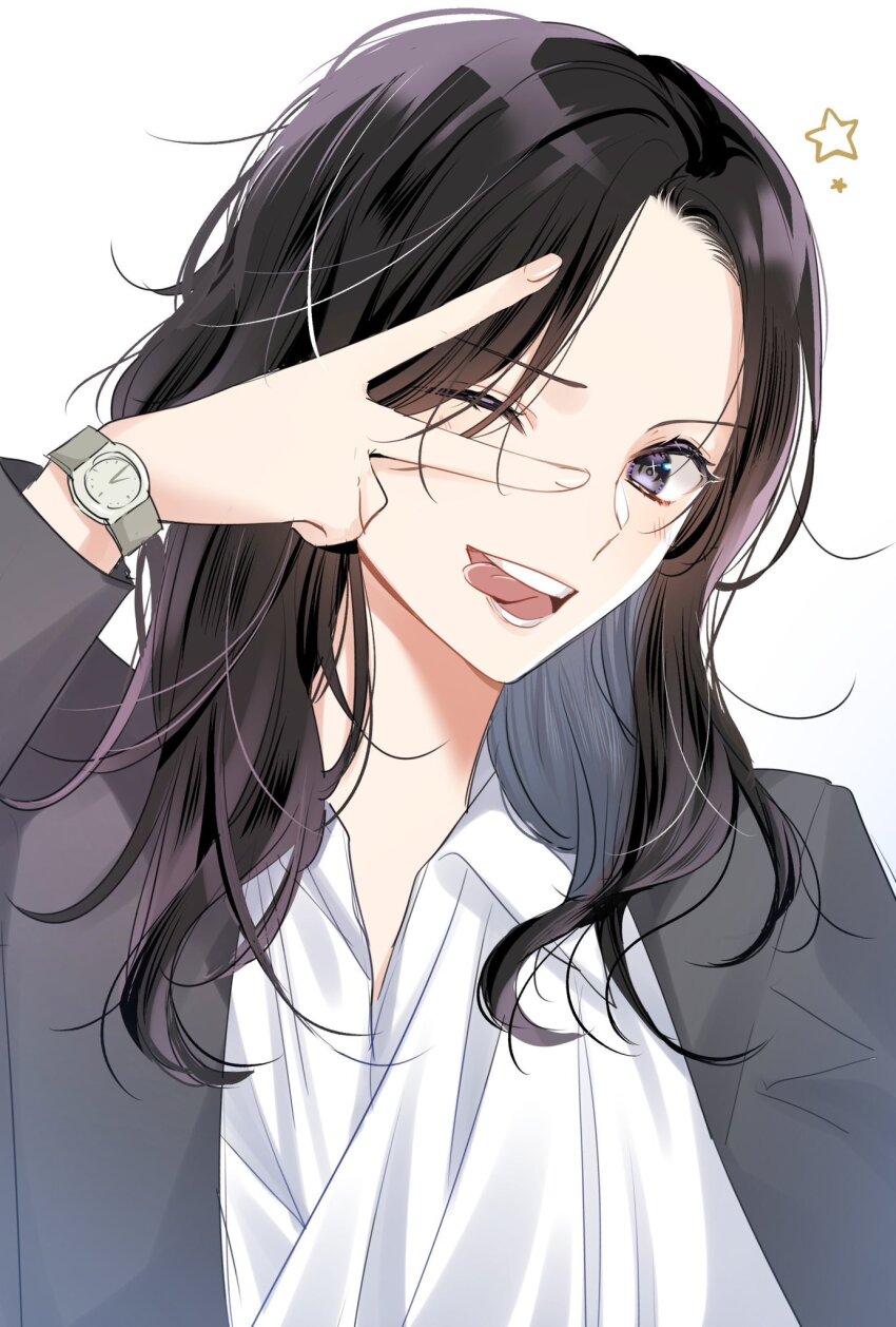 1girl, ;p, black_hair, commentary_request, grey_jacket, highres, jacket, looking_at_viewer