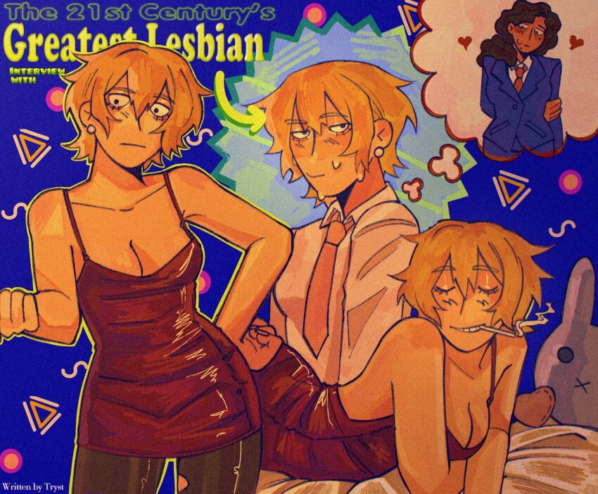 black_thighhighs, blonde_hair, blue_suit, breasts, brown_hair, brrserkyr, cleavage, dark_skin