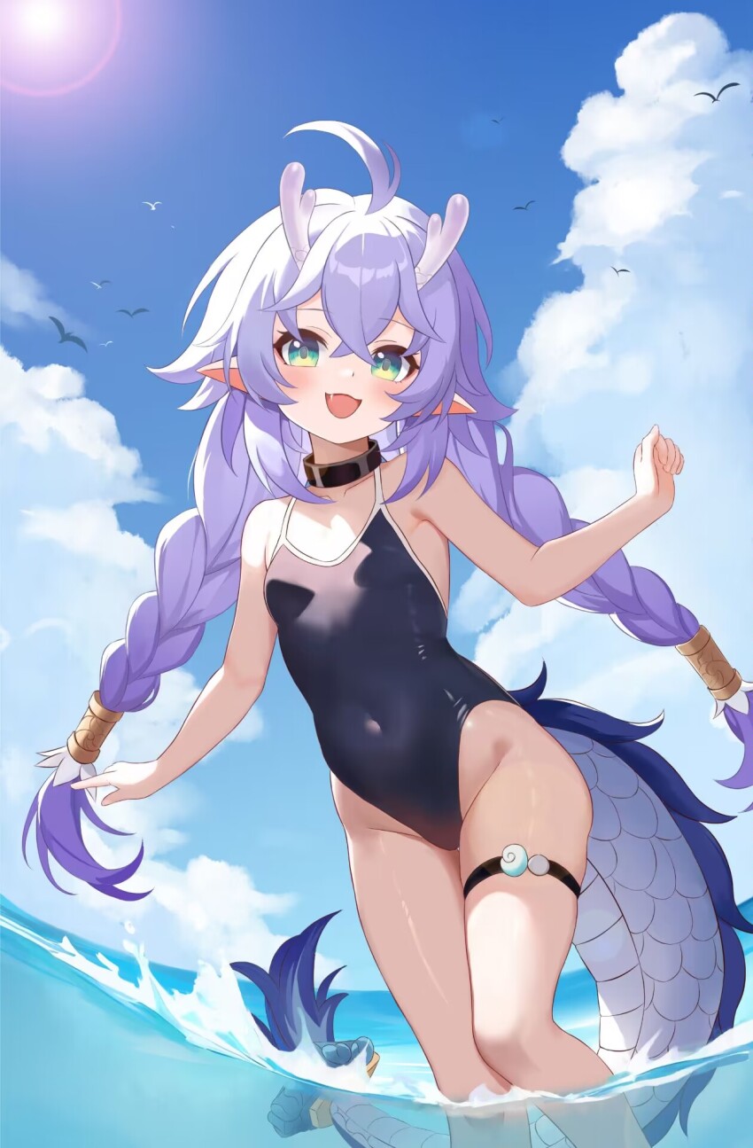 1girl, :d, ahoge, alternate_costume, antlers, bailu_(honkai:_star_rail), black_collar, blue_one-piece_swimsuit