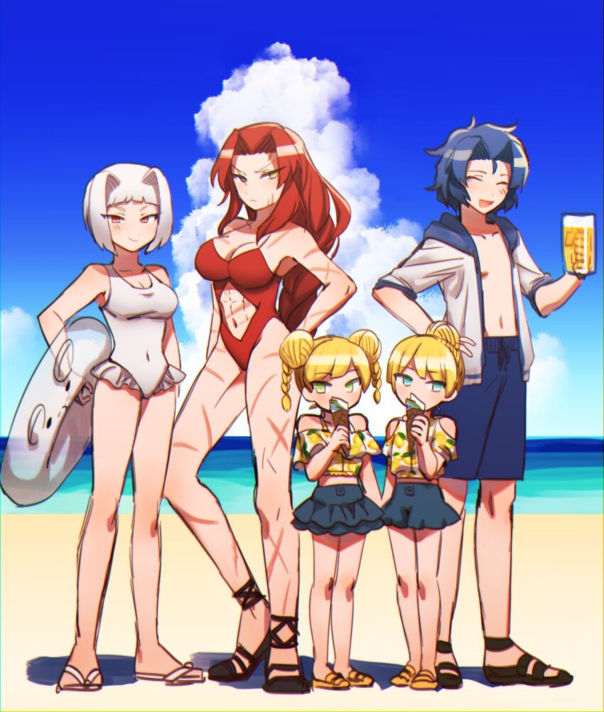 2boys, 3girls, aqua_eyes, blue_hair, blue_shorts, blue_skirt, blush, chesed_(project_moon), double_bun, full_body, gebura_(project_moon), green_eyes, hair_bun, hair_intakes, highres, jacket, leotard, lobotomy_corporation, long_hair, looking_at_viewer, medium_hair, mogura_panda, multiple_boys, multiple_girls, myo_(project_moon), project_moon, red_hair, red_leotard, sandals, scar, short_hair, shorts, skirt, tiphereth_a_(project_moon), tiphereth_b_(project_moon), white_hair, white_jacket, white_leotard, yellow_eyes