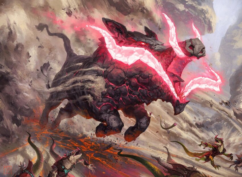 andrewkmar, animal_focus, boar, colored_teeth, crack, cracked_floor, day, debris, dust_cloud, fleeing, from_side, glowing, glowing_eye, glowing_teeth, lava, magic:_the_gathering, monster, no_humans, official_art, open_mouth, outdoors, quaketusk_boar, realistic, red_teeth, rock, running, tusks