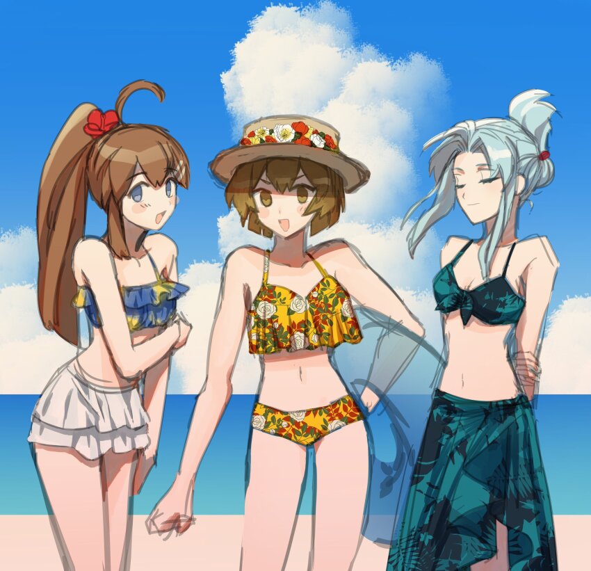 3girls, angela_(project_moon), aqua_bikini, beach, bikini, blue_bikini, blue_hair, boater_hat, brown_eyes, brown_hair, cowboy_shot, folded_ponytail, high_ponytail, highres, hod_(project_moon), lobotomy_corporation, looking_at_viewer, malkuth_(project_moon), mogura_panda, multiple_girls, open_mouth, outdoors, parted_bangs, ponytail, project_moon, sarong, skirt, smile, swimsuit, white_skirt, yellow_bikini