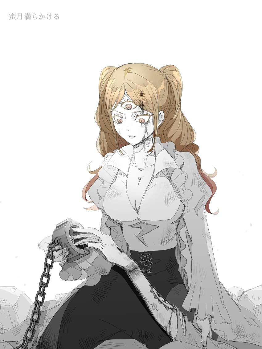 2girls, arm_tattoo, blood, blood_on_face, breasts, brown_eyes, brown_hair, bruise