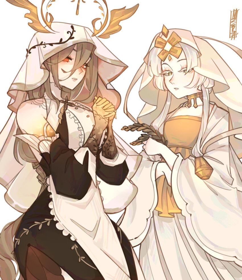 2girls, alternate_costume, aponia, black_dress, blackhuajia, braid, bright_pupils, brown_hair