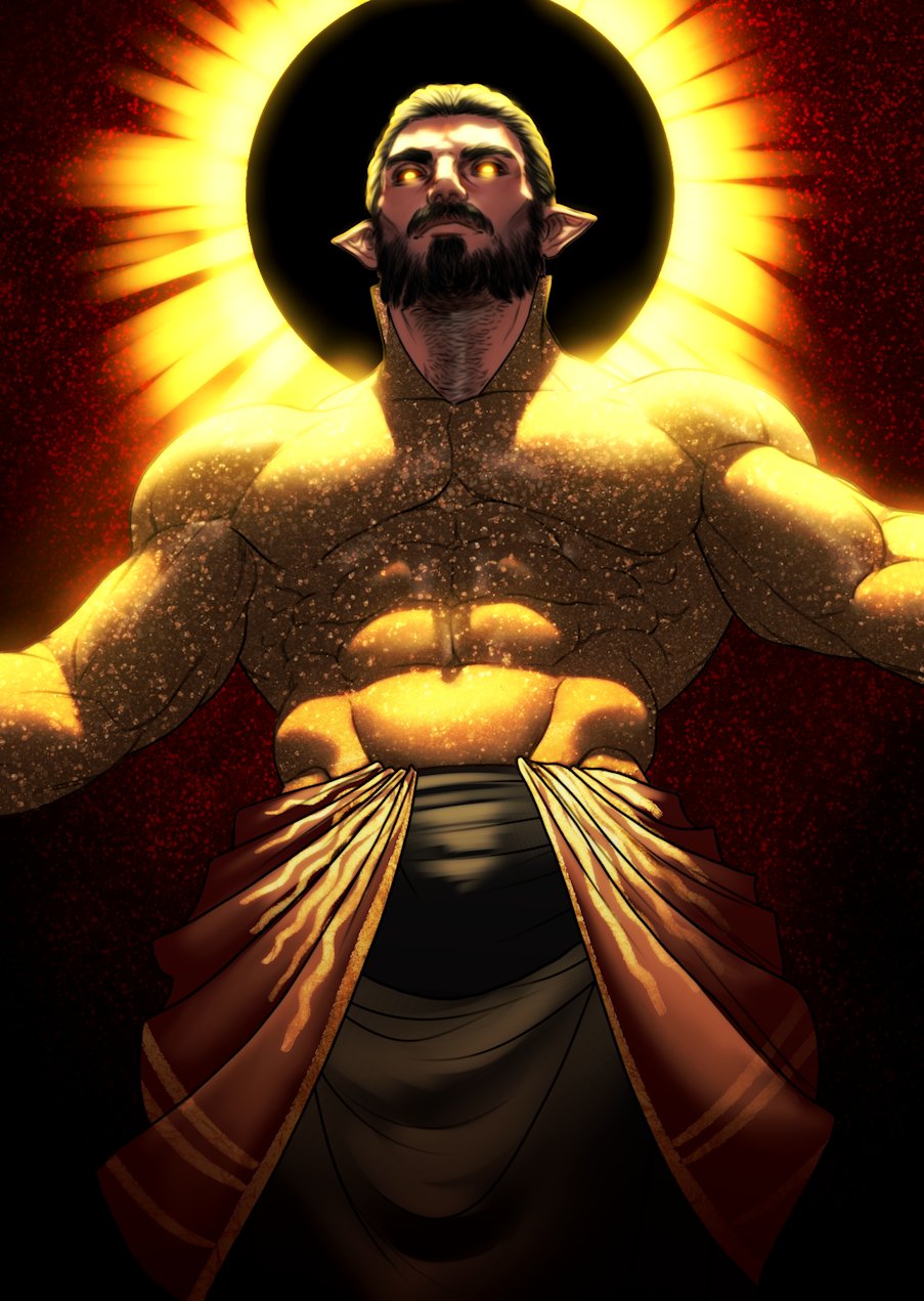 1boy, abs, bara, beard, black_moon, cowboy_shot, demon_boy, facial_hair