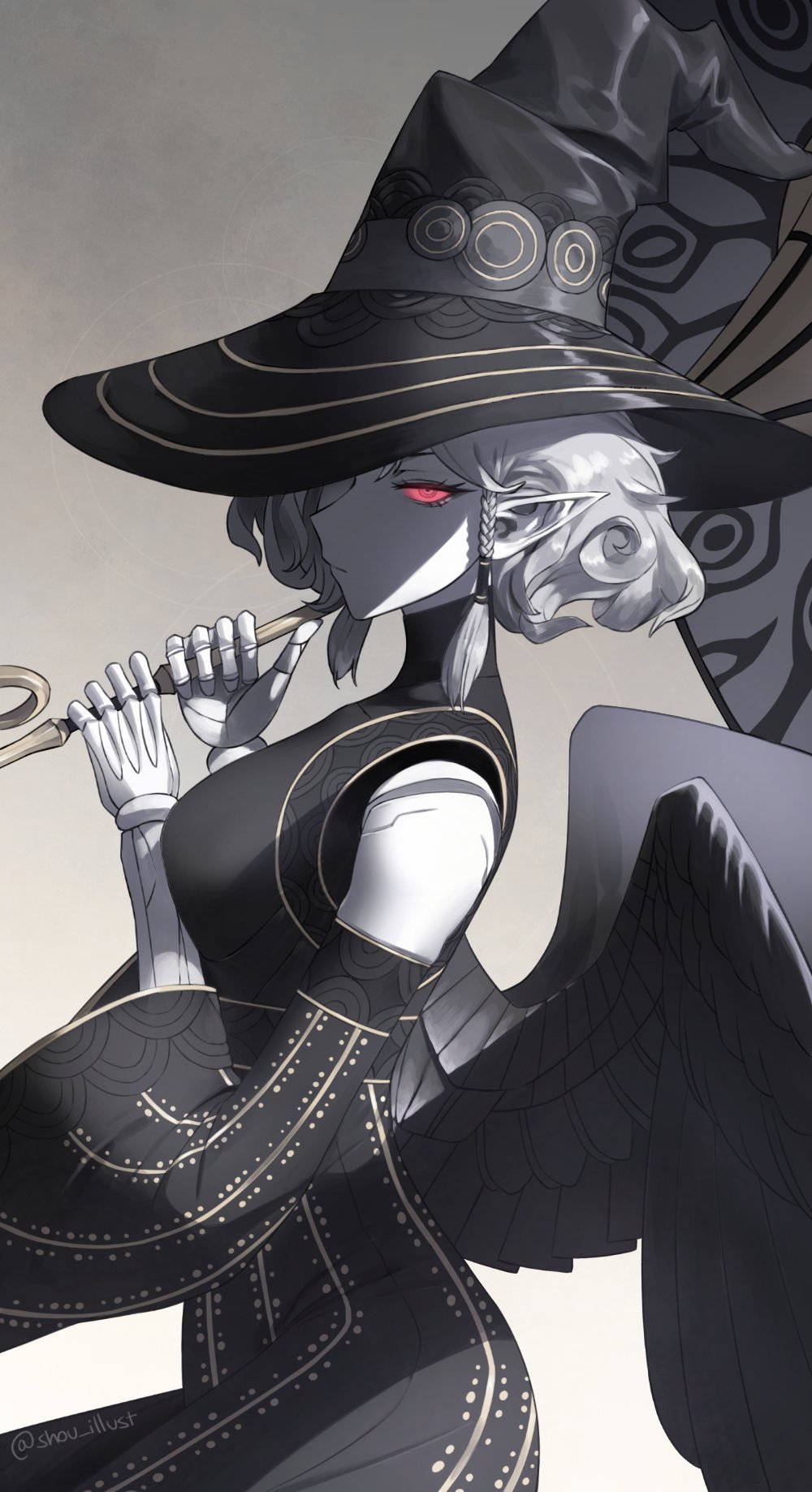 1girl, agrat_bat_mahlat_(megami_tensei), black_hat, black_wings, braid, breasts, colored_sclera, colored_skin, demon_(megami_tensei), grey_hair, hat, highres, holding, looking_at_viewer, red_eyes, shin_megami_tensei, shin_megami_tensei_v, shin_megami_tensei_v:_vengeance, short_hair, shou_illust, solo, white_skin, wings, witch_hat