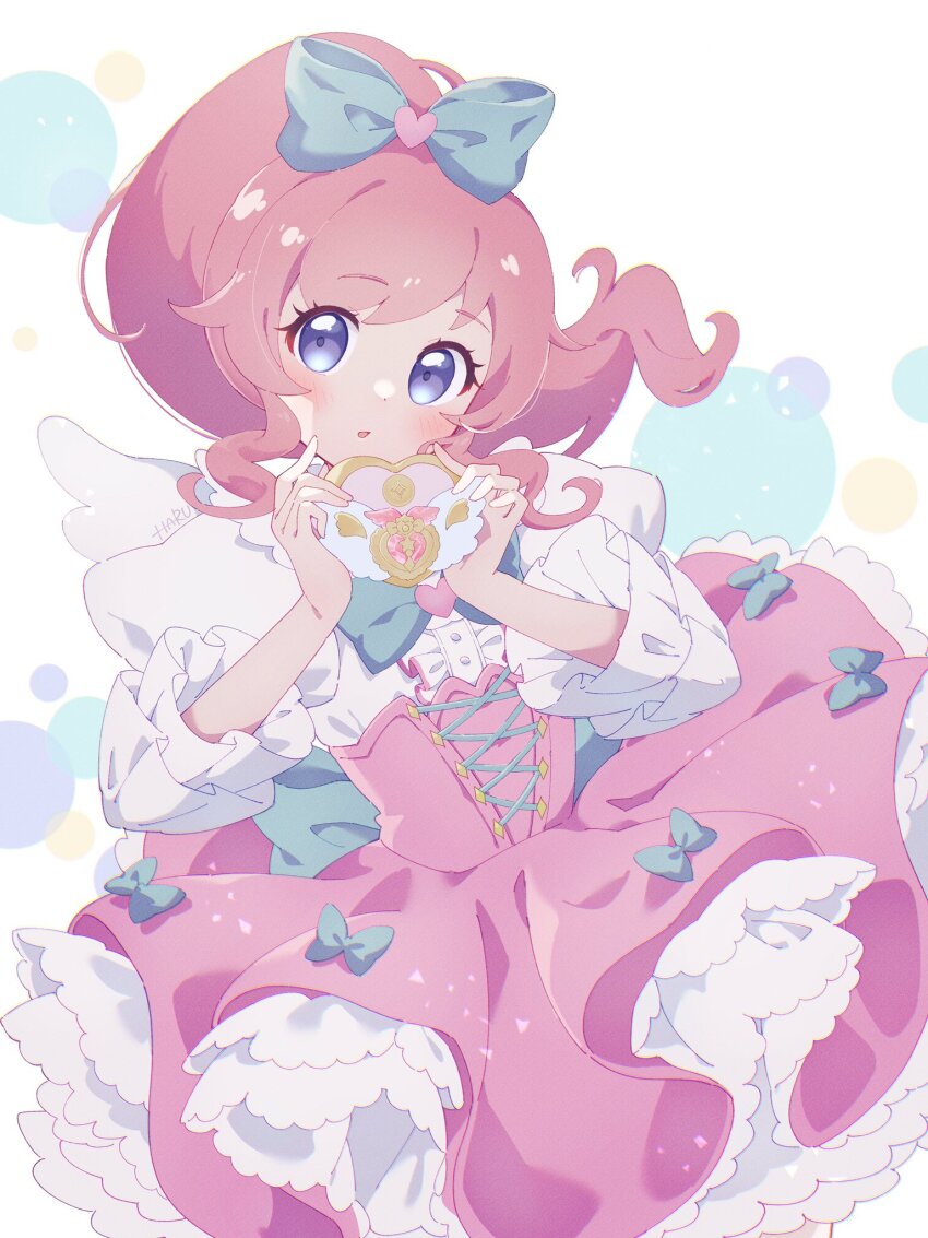 :o, blue_bow, blue_eyes, blush, bow, commentary, dot_nose, dress