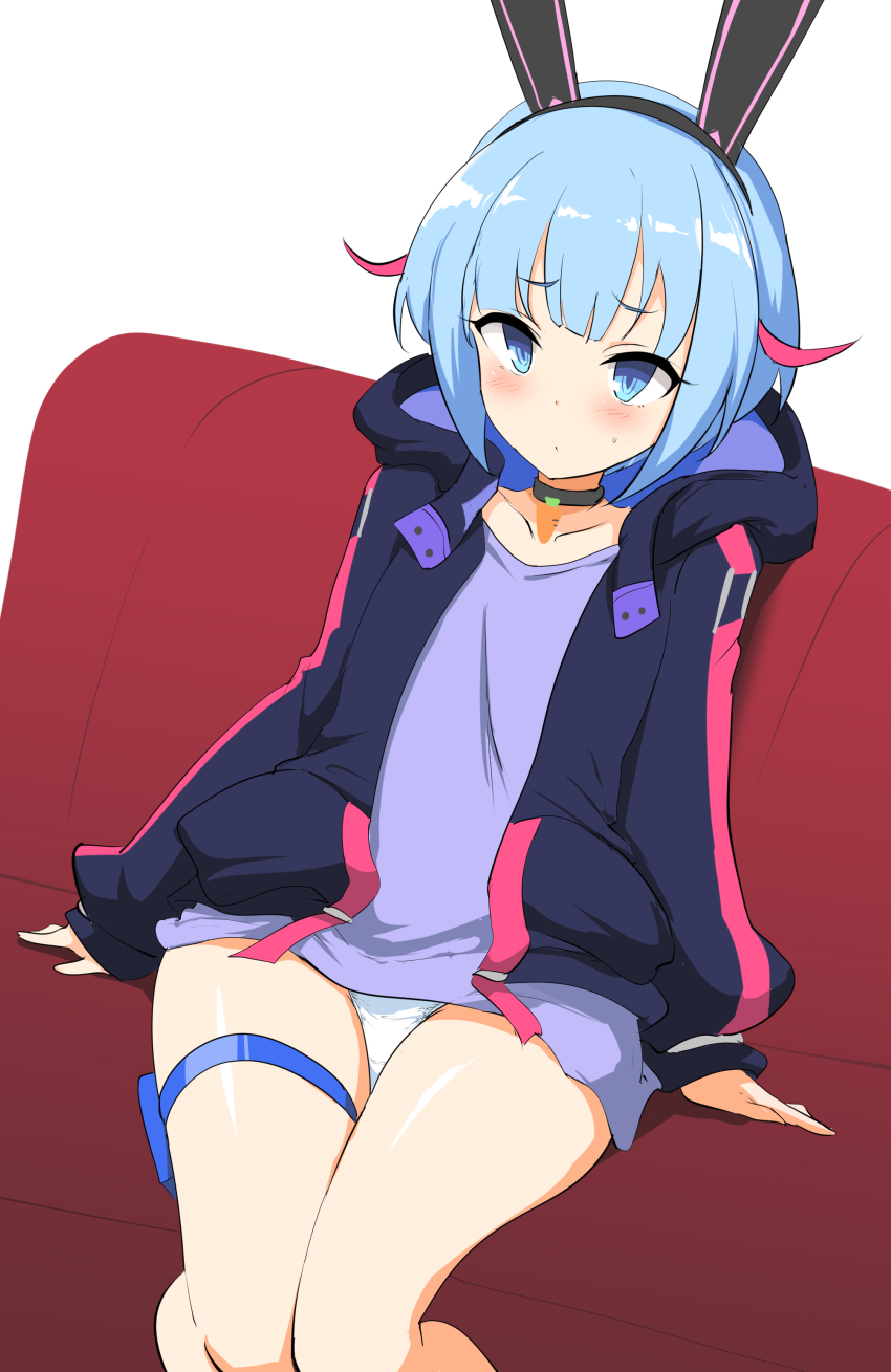 1girl, absurdres, animal_ears, black_collar, black_hairband, black_jacket, blue_eyes, blue_hair