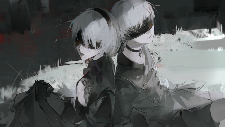 1boy, 1girl, 2b_(nier:automata), 9s_(nier:automata), back-to-back, black_choker, black_coat, black_dress, black_gloves, black_hairband, black_shorts, blindfold, blood, blood_stain, breasts, buttons, chinese_commentary, choker, cleavage, cleavage_cutout, clothing_cutout, coat, collared_coat, commentary_request, cowboy_shot, diamond_choker, double-breasted, dress, elbow_gloves, expressionless, gloves, grass, hairband, highres, lace, lace-trimmed_dress, lace_trim, large_breasts, lipstick, long_dress, long_sleeves, makeup, mole, mole_under_mouth, nier:automata, nier_(series), outdoors, parted_lips, short_hair, shorts, sitting, sunlight, sxx7_sxx7, teeth, tombstone, turtleneck, turtleneck_dress, white_hair