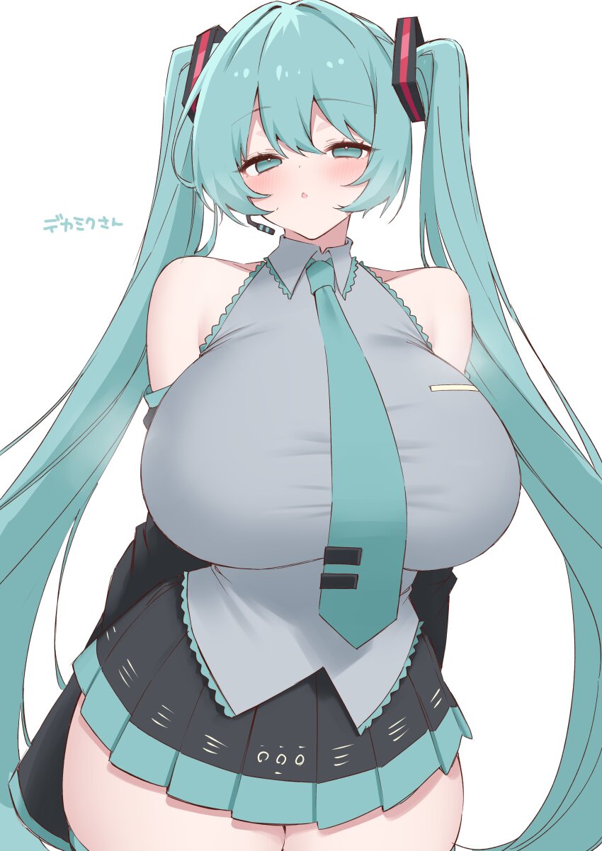 1girl, :o, absurdres, alternate_breast_size_(larger), aqua_eyes, aqua_hair, aqua_necktie, arms_behind_back