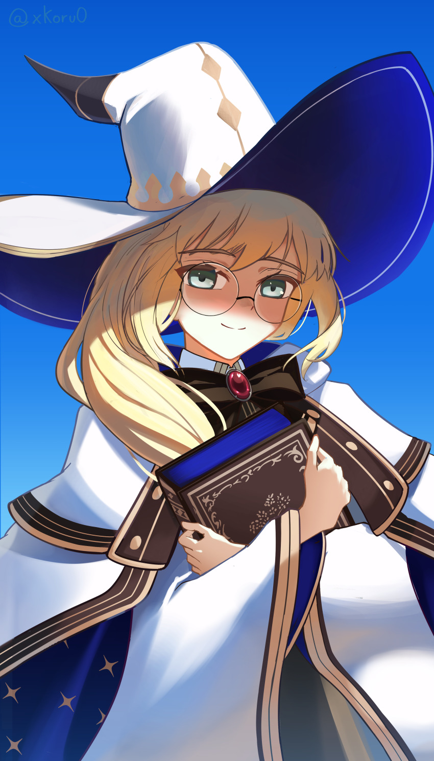1girl, absurdres, aesc_(fate), aesc_(rain_witch)_(fate), black_bow, black_bowtie, blonde_hair, blue_background