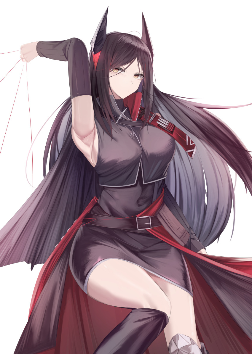 1girl, absurdres, arknights, arm_up, armpits, belt, belt_buckle, black_horns