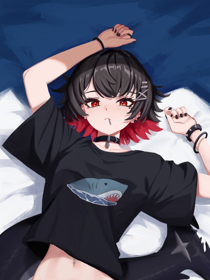 1girl, absurdres, bed, bed_sheet, black_hair, black_nails, black_shirt, blush