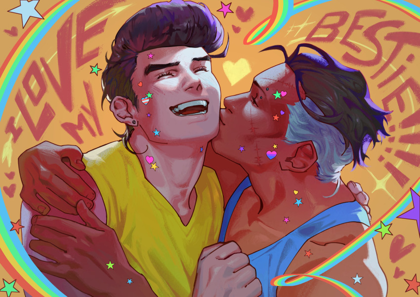 2boys, adam's_apple, arm_around_shoulder, barbell_piercing, bare_shoulders, bisexual_flag_print, black_hair, blue_tank_top, blush, closed_eyes, collarbone, couple, dark-skinned_male, dark_skin, diamond_wa_kudakenai, ear_piercing, earrings, english_text, ex0toxin, facial_scar, hand_on_another's_back, hand_on_another's_chest, hand_on_another's_shoulder, heart, higashikata_josuke, highres, jewelry, jojo_no_kimyou_na_bouken, kiss, kissing_cheek, laughing, lgbt_pride, male_focus, mohawk, multicolored_hair, multiple_boys, multiple_scars, nijimura_okuyasu, piercing, pompadour, rainbow, scar, scar_on_cheek, scar_on_face, shirt, single_earring, star_(symbol), tank_top, thick_eyebrows, transgender_flag, transgender_flag_print, two-tone_hair, yaoi, yellow_tank_top