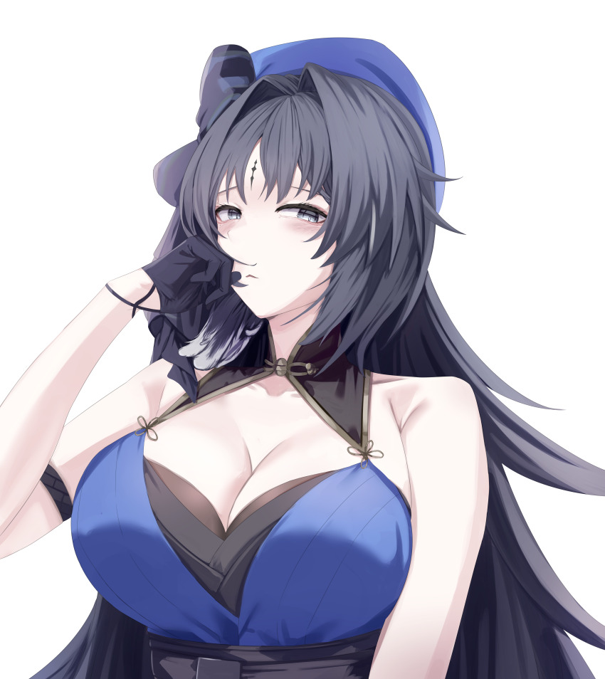 1girl, absurdres, arm_strap, bare_shoulders, beret, black_gloves, black_hair, blue_dress, blue_hat, breasts, cleavage, commentary, dkzksp, dress, gloves, grey_eyes, hair_intakes, half_gloves, hand_up, hat, highres, korean_commentary, large_breasts, long_hair, parted_lips, simple_background, sleeveless, sleeveless_dress, solo, upper_body, white_background, wuthering_waves, yangyang_(wuthering_waves)