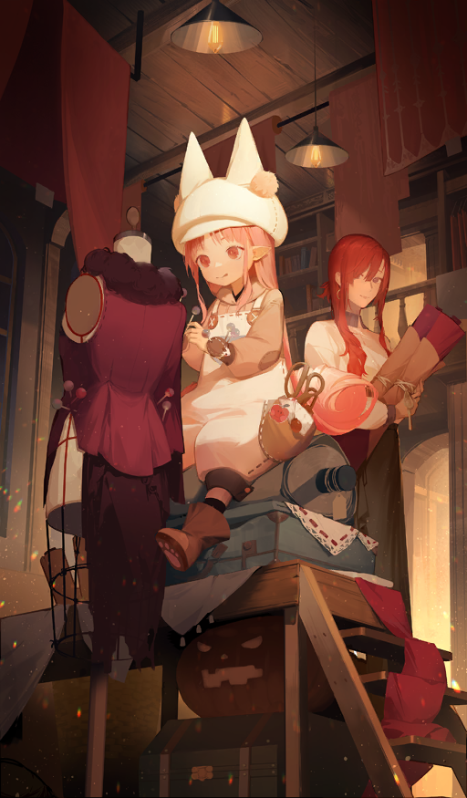 2girls, black_skirt, boots, breasts, echosdoodle, fate/grand_order, fate_(series), habetrot_(fate), habetrot_(little_tailors)_(fate), hat, jack-o'-lantern, long_hair, long_skirt, medium_breasts, miss_crane_(fate), multiple_girls, needle, official_art, overalls, pink_hair, pink_shirt, pointy_ears, pouch, pumpkin, purple_eyes, red_eyes, red_hair, shirt, sidelocks, skirt, small_breasts, smile, white_hat, white_overalls, white_shirt