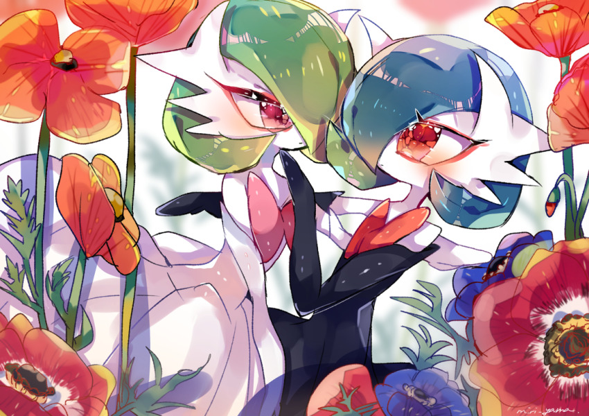 alternate_color, black_dress, black_gloves, blue_hair, bob_cut, colored_skin, dress, elbow_gloves