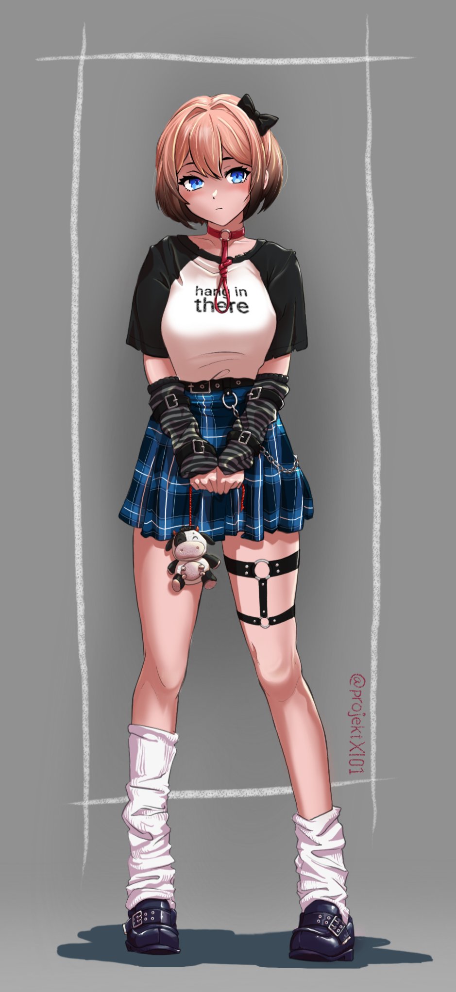 1girl, artist_name, asymmetrical_legwear, belt, belt_buckle, wallet_chain, black_belt, black_bow