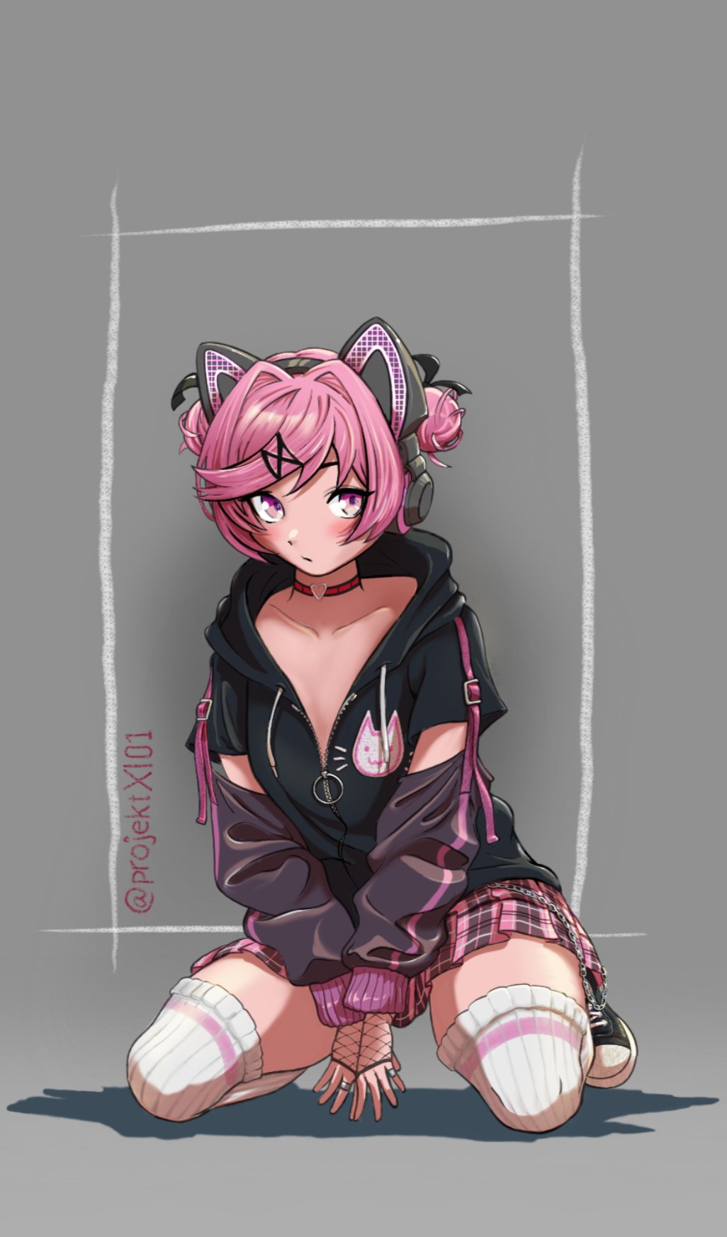 1girl, alternate_hairstyle, animal_ear_headphones, animal_ears, animal_print, artist_name, between_legs, black_hoodie