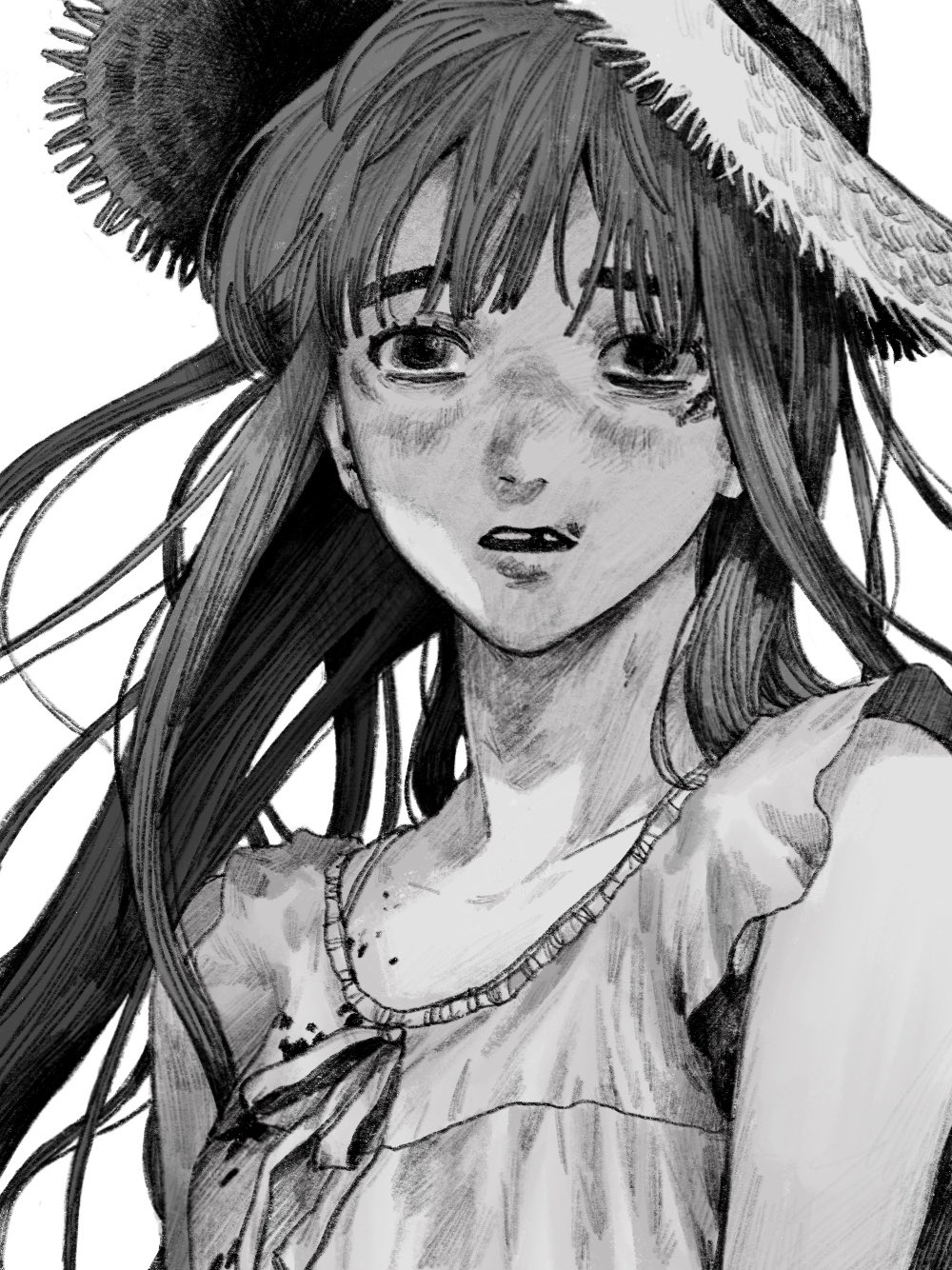 1girl, blood, blood_on_clothes, greyscale, hat, highres, long_hair, looking_at_viewer