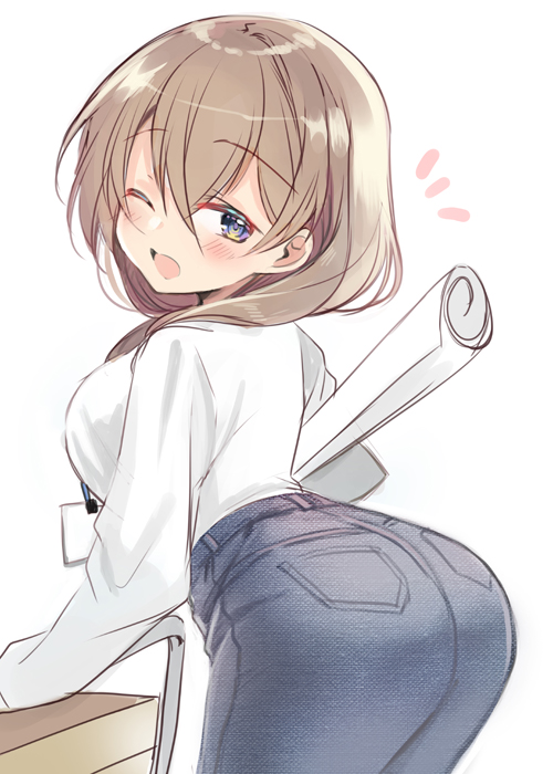 1girl, ;d, ass, blush, breasts, brown_hair, commentary_request, cowboy_shot