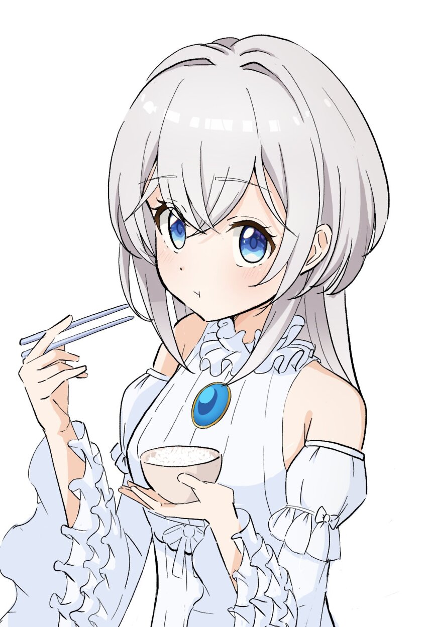 1girl, :t, akure1129, blue_eyes, bowl, brooch, chopsticks, commentary