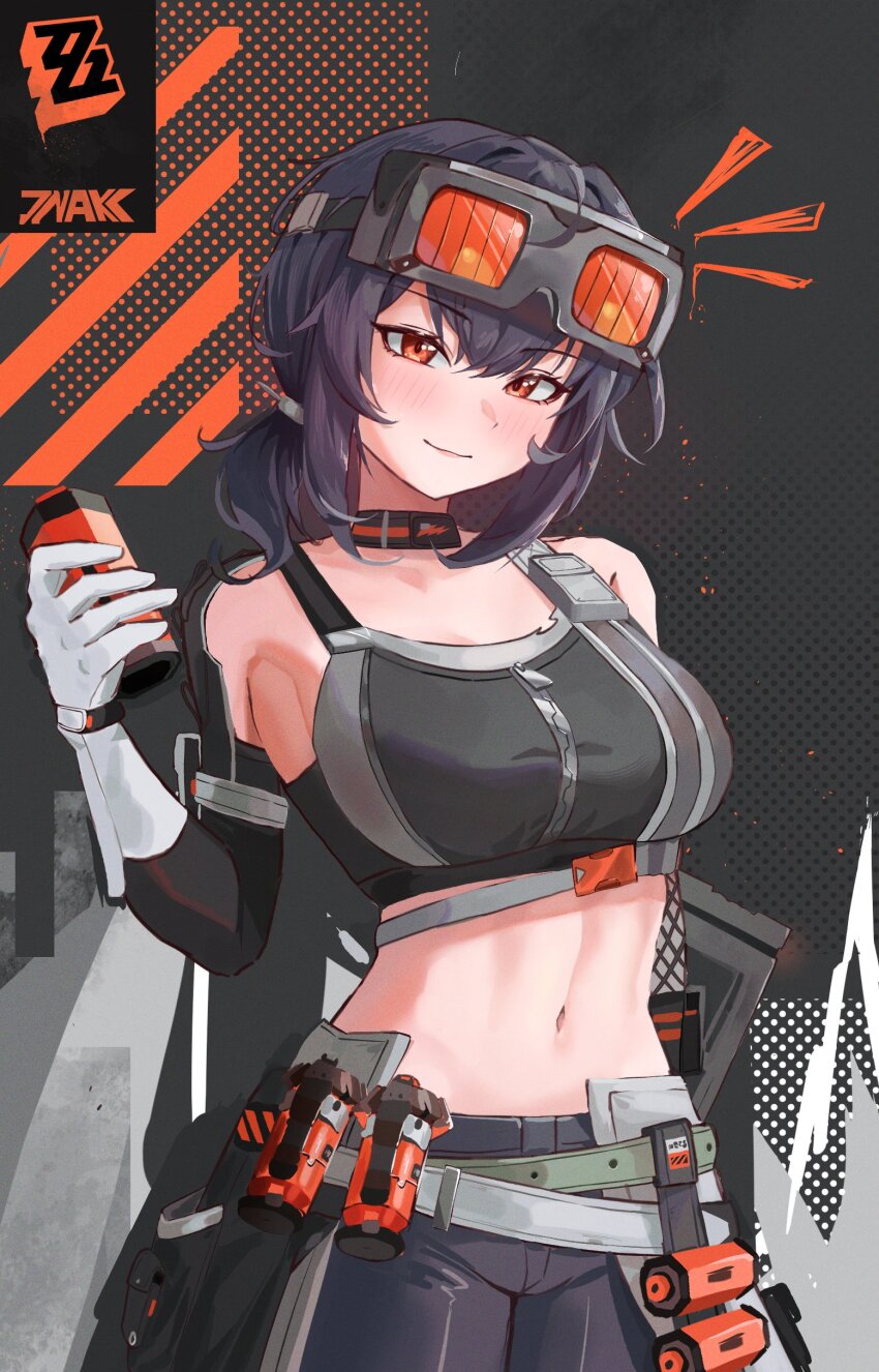 1girl, absurdres, bare_shoulders, belt, black_hair, black_pants, breasts, cowboy_shot