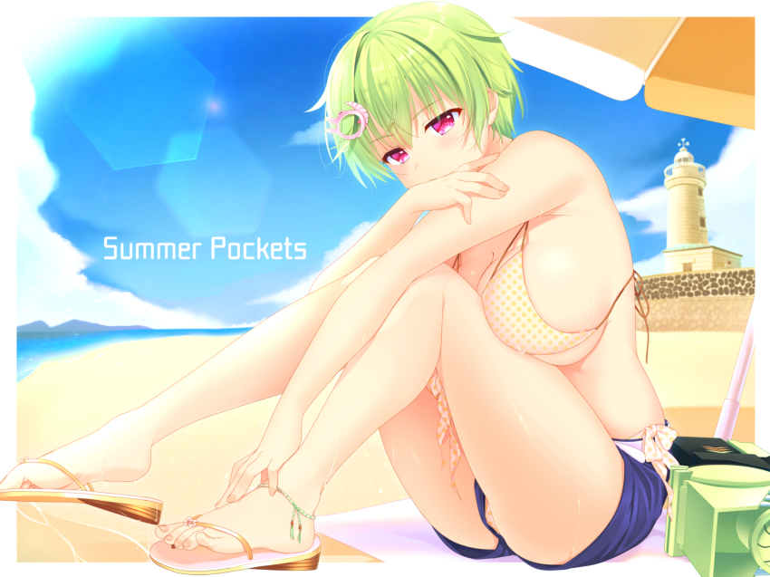 1girl, alternate_costume, bare_arms, barefoot, beach, bikini, blue_shorts, blue_sky