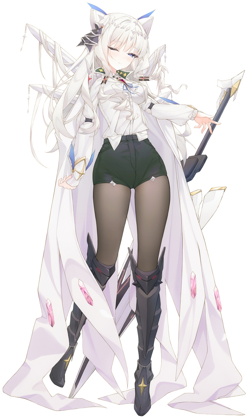 1girl, blue_eyes, brown_pantyhose, collared_shirt, crown_(nikke), full_body, gem, goddess_of_victory:_nikke